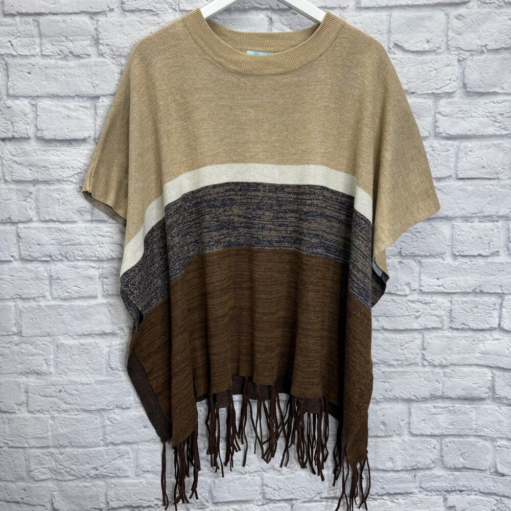 She + Sky Tasseled Color Block Sweater Poncho One Size Beige Brown Short Sleeve